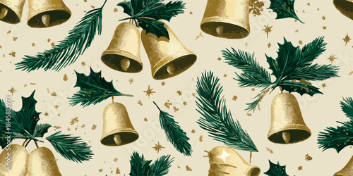 Glittering gold bells and dark green holly seamless pattern on a speckled cream background for festive wrapping paper and seasonal stationery