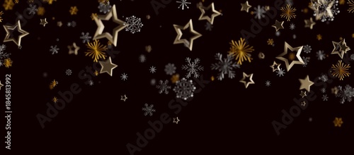 Quadro em tela Festive Christmas background with gold stars and silver snowflakes on a dark background