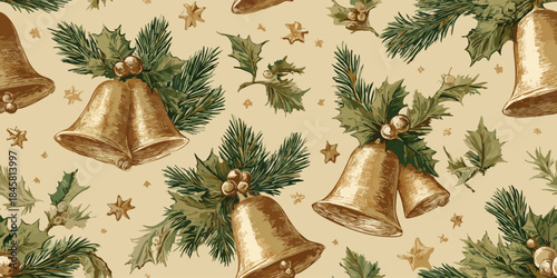Glittering gold bells and dark green holly seamless pattern on a speckled cream background for festive wrapping paper and seasonal stationery