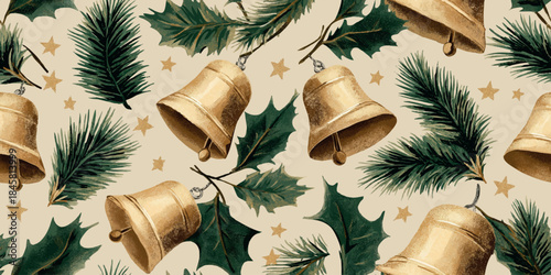 Glittering gold bells and dark green holly seamless pattern on a speckled cream background for festive wrapping paper and seasonal stationery