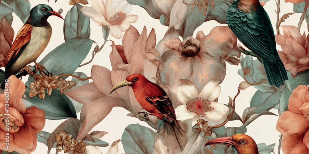 Naklejka premium Intricate engraved tropical bird and blossom seamless pattern in warm colors for high-end fashion, luxury packaging, and textiles