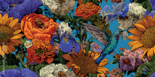 Maximalist bright floral seamless pattern featuring sunflowers, irises, and a hummingbird for dynamic fabrics, design, and statement wallpapers