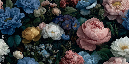 Dark moody floral seamless pattern with romantic peonies, roses, and spring flowers for luxury textiles, packaging, and home decor..