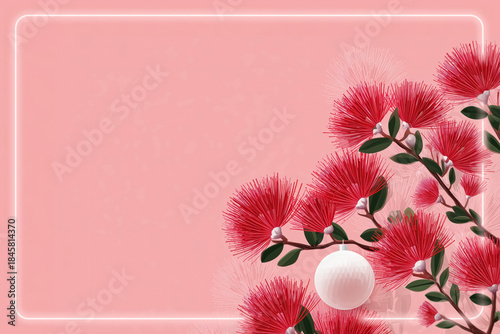 Blooming pohutukawa tree decorated with Christmas ball on a pastel pink background within a white frame. New Zealand Maori Christmas tree. Greeting card with copy space for text.