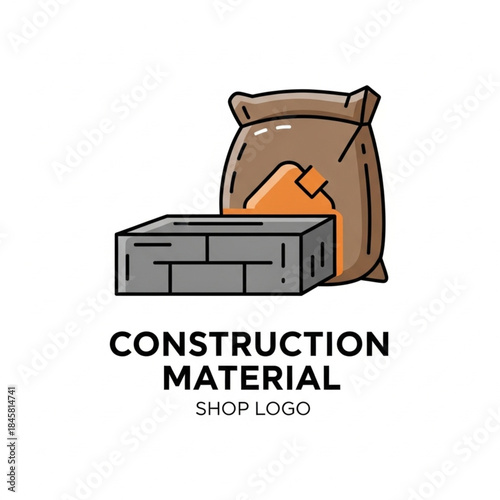 Iconic flat design logo featuring construction materials like cement bag and cinder block for building supply shop or industry concept.