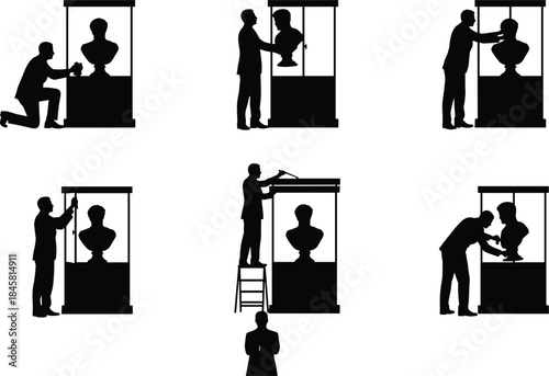 Museum curator installing and adjusting sculpture display case, handling artwork preservation, professional maintenance process, artifact inspection and exhibition preparation in gallery setting