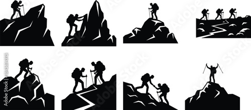 Mountain hiking silhouettes, trekking illustration, outdoor adventure, teamwork, climbing gear, summit celebration, black and white, rocky terrain, backpack, perseverance