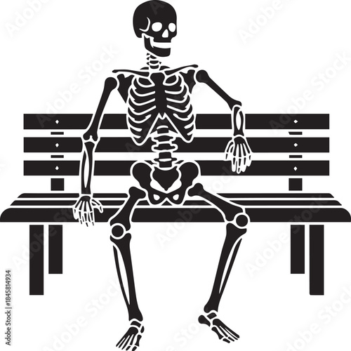  A human skeleton sitting casually on a wooden park bench silhouette vector art
