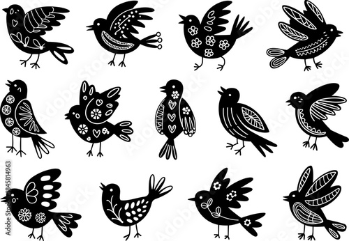 Set of Folk Art Bird Silhouettes: Stylized Black and White Aviary Collection Featuring Intricate Patterns, Decorative Wings, and Ornamental Tails - Vector