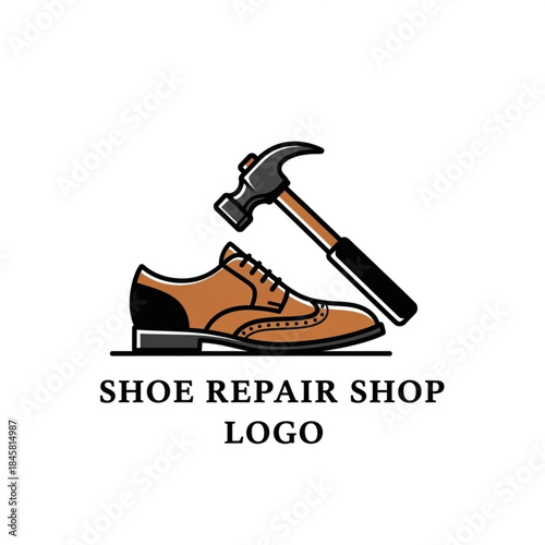Shoe Repair Shop Logo Concept with Classic Brogue Shoe and Claw Hammer Icon