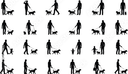 Silhouette collection of a man walking a dog with and without a child, depicting outdoor activity, pet care, companionship, family bonding, and daily exercise