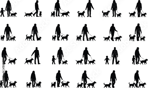 Silhouette collection of adults and children walking dogs on leashes, depicting outdoor family activity, companionship, pet care, bonding, and daily exercise scenes