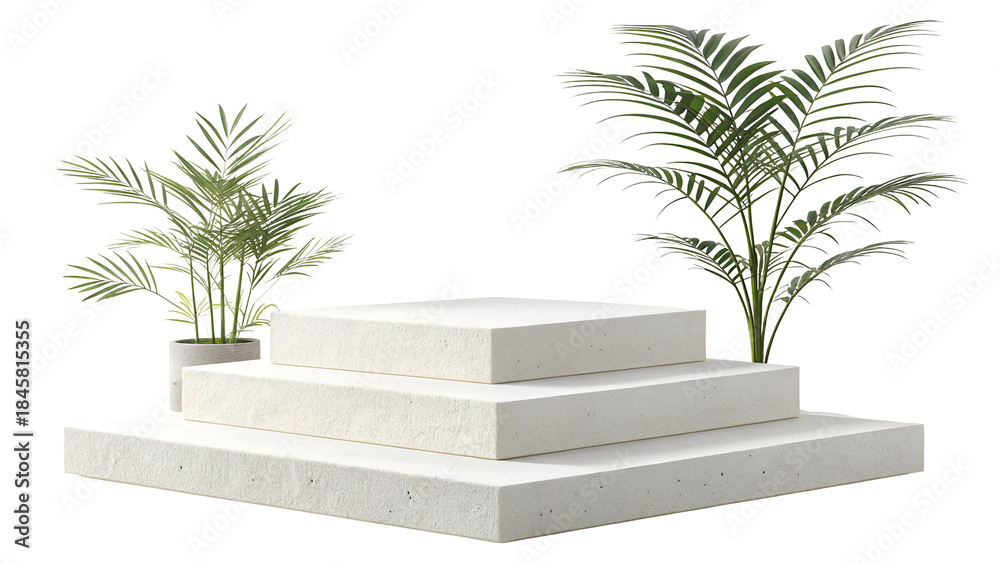 Obraz premium Minimalist White 3-Tier Stone Pedestal Podium with Tropical Palm Plants