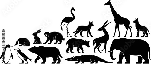 Set of Wild Animal Silhouettes: Diverse Zoo Fauna Collection Including Elephant, Bear, Giraffe, Penguin, and Exotic Wildlife - Black Vector Illustration