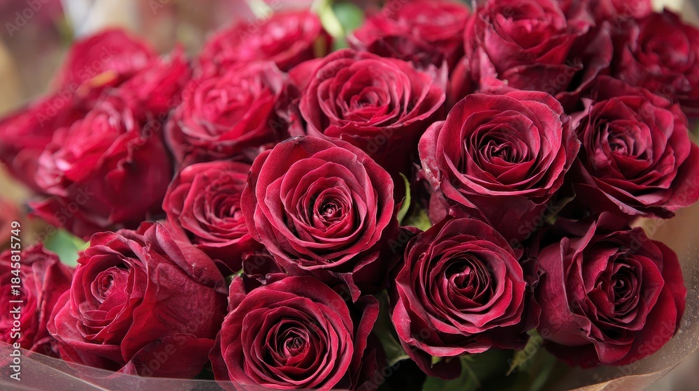 Naklejka premium A close-up shot of a luxurious bouquet. Lush, velvety, crimson flowers are in full bloom, showcasing intricate details. The arrangement is carefully wrapped, appearing fresh and vibrant