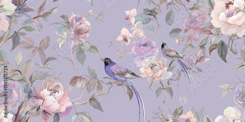 Subtle pastel lavender floral seamless pattern with elegant pink peonies and a long-tailed bird for sophisticated fabrics and luxury stationery