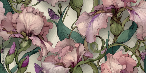 Delicate Art Nouveau iris and butterfly seamless pattern in soft blush and muted green tones for graceful fabrics and wedding stationery
