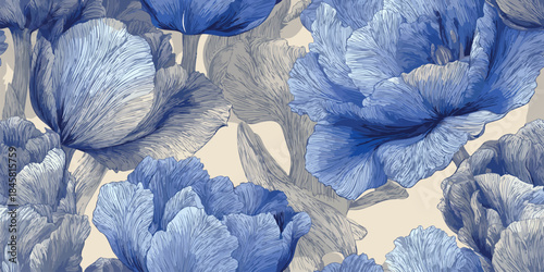 Elegant etched blue tulip and peony seamless pattern in monochromatic lines for classic textiles, ceramics, and refined packaging