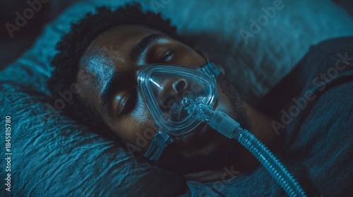 A close-up shot of a man wearing a CPAP mask while sleeping peacefully in bed, soft light