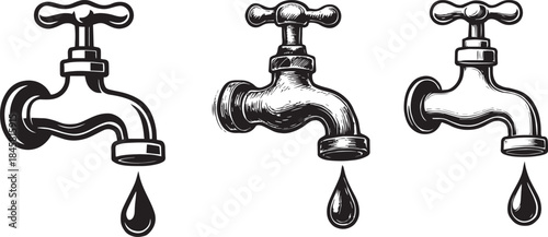 Water faucet with a single drop of water falling from the spout isolate vector set