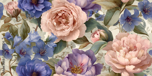Romantic garden rose and hydrangea seamless pattern in soft pink, lilac, and blue for delicate fabrics, packaging, and wedding stationery.
