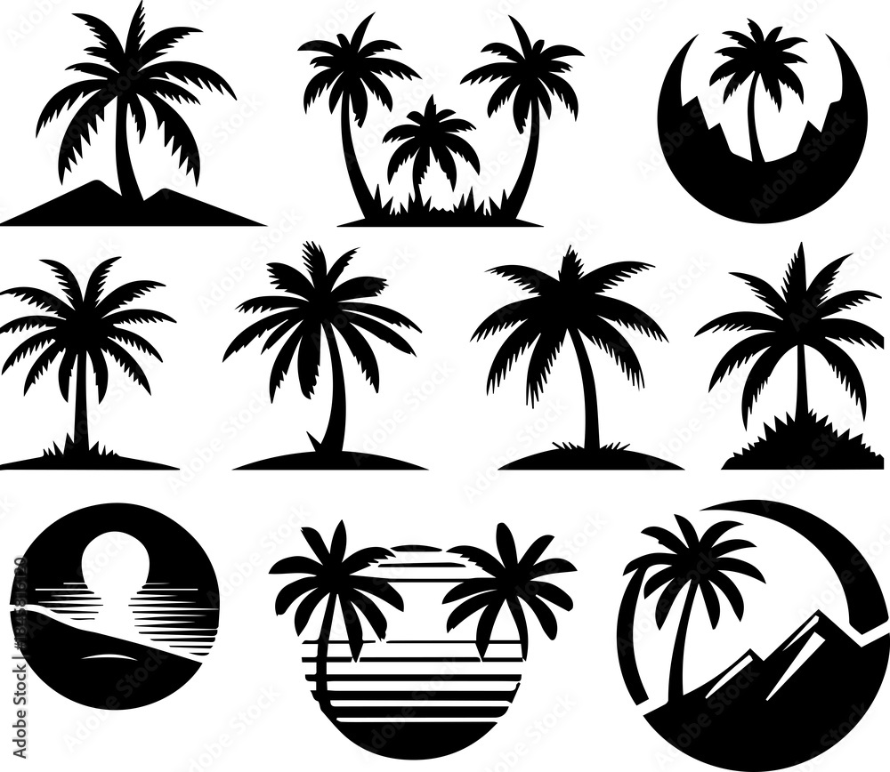 Fototapeta premium Minimal Palm Tree Silhouette Isolated on White Background Vector