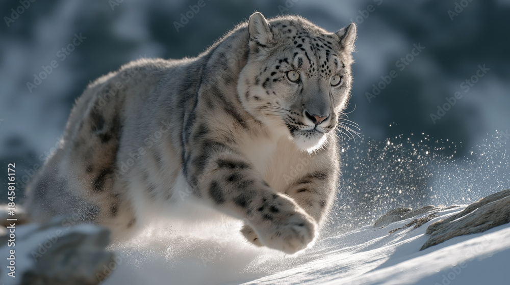 Fototapeta premium Dynamic Snow Leopard Leaping Through Winter Mountain Landscape