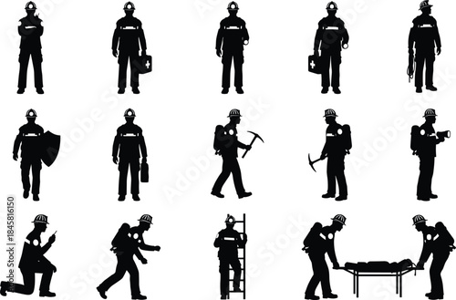 Silhouette collection of firefighters and rescue workers performing emergency actions with tools, medical kits, ladders, and equipment in various safety operation poses