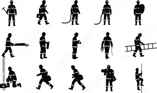 Silhouette collection of firefighters performing rescue tasks with hoses, ladders, medical kits, and emergency tools, depicting safety operations and disaster response scenes