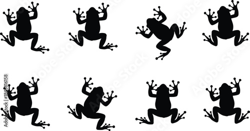 Silhouette collection of frogs in various climbing and jumping poses, ideal for wildlife illustrations, nature graphics, stickers, and educational designs