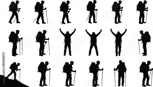 Silhouette collection of hikers walking with backpacks and trekking poles, celebrating on mountain peaks, exploring nature, outdoor adventure, travel, wilderness trekking scenes