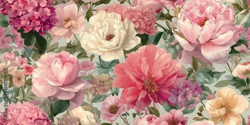 Romantic dense floral seamless pattern with large peonies and roses in pink, cream, and magenta for feminine fabrics, packaging, and branding