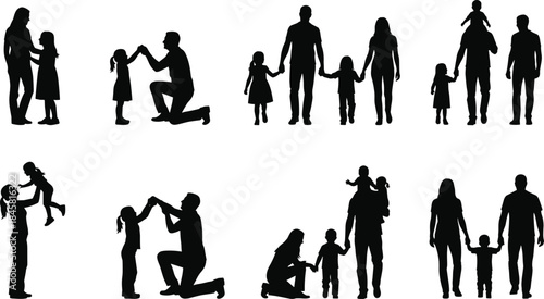 Silhouette collection of parents interacting with children, hugging, playing, lifting, holding hands, and walking together, representing family love, bonding, and parenting moments