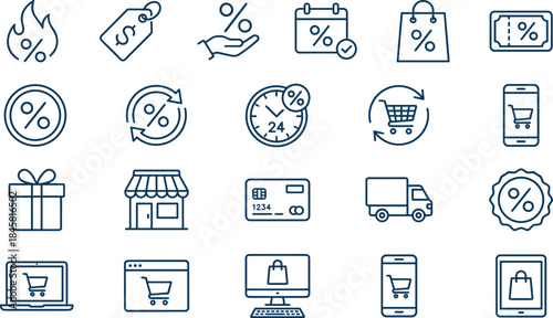 Ecommerce discount outline icon set with shopping sale payment delivery promotion symbols for online store web mobile app ui design