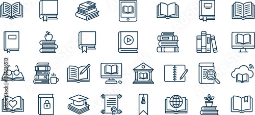 Education learning outline icon set with books study online library school knowledge symbols for e learning web app ui design