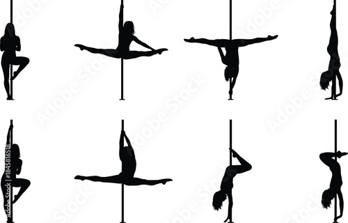 Silhouette collection of women performing pole dance poses, flexibility moves, acrobatic tricks, fitness routines, artistic choreography, strength training, and dance performance shapes