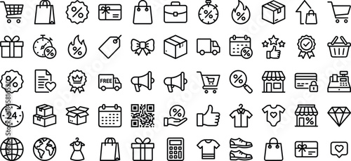 Ecommerce shopping outline icon set with discount delivery payment retail marketing symbols for online store web mobile app design