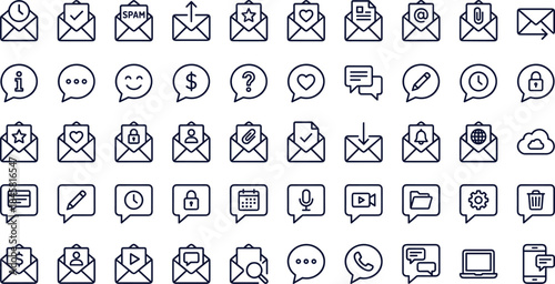 Email communication outline icon set with inbox message notification chat support security symbols for web app ui ux design