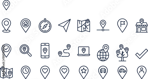Location navigation outline icon set with map pin gps direction tracking symbols for travel delivery mobile web app ui design