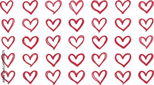 Hand drawn red heart doodle pattern set, love romance valentine symbols collection for greeting card design background illustration