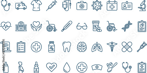 Medical healthcare outline icon set with hospital doctor medicine emergency treatment symbols for clinic web app ui design