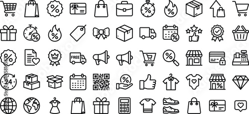 Minimal ecommerce shopping icon set, online store discount delivery payment marketing outline vector symbols collection for web app ui design