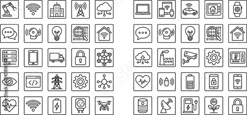 Smart technology outline icon set with iot cloud network security automation symbols for digital industry web app ui design