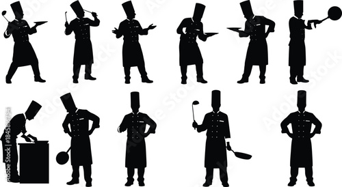 Silhouette set of professional chefs cooking, holding utensils, and posing in various kitchen actions, culinary worker illustration collection for restaurant and food themes