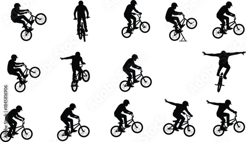 Silhouettes of BMX rider performing stunts, bike tricks, wheelies, jumps, mid-air action, helmet safety, extreme sport, dynamic movement