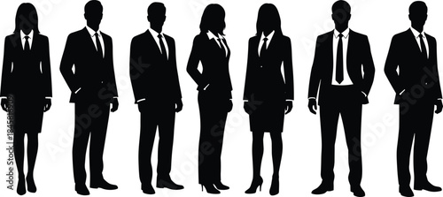 Silhouettes of business professionals standing confidently, corporate attire, team unity, suits, skirts, pants, leadership, office culture, formal dress