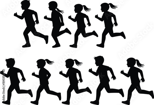 Silhouettes of children running, dynamic motion, boys and girls, physical activity, outdoor play, energetic pose, youth movement, health, fitness