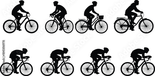 Silhouettes of cyclists, casual and racing, bicycle riders, sports and leisure, black silhouettes, cycling posture, bike styles, competitive cycling