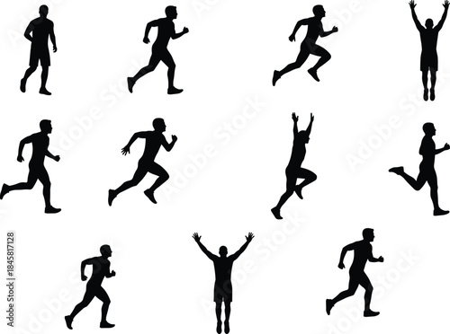 Silhouettes of person running and jumping, athletic motion, dynamic movement, sports performance, physical fitness, action pose, leap, sprint, agility