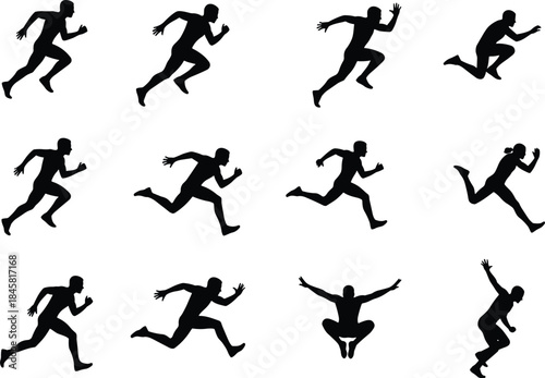 Silhouettes of person running and jumping, athletic motion, sprint, leap, agility, dynamic movement, sports training, biomechanics, action pose